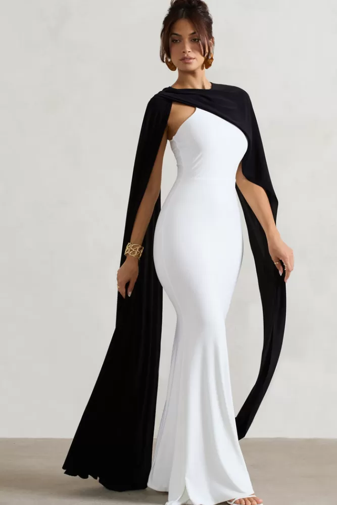 Club L London Vianna | White Strapless Maxi Dress With Black Cape WHITE/BLACK Best