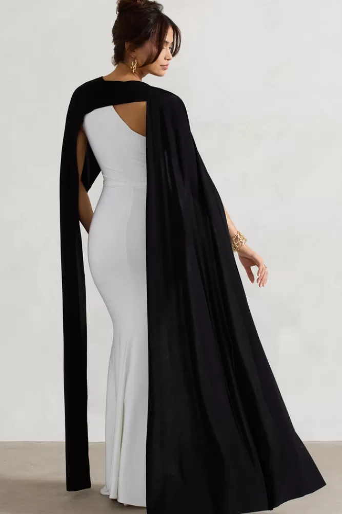 Club L London Vianna | White Strapless Maxi Dress With Black Cape WHITE/BLACK Best