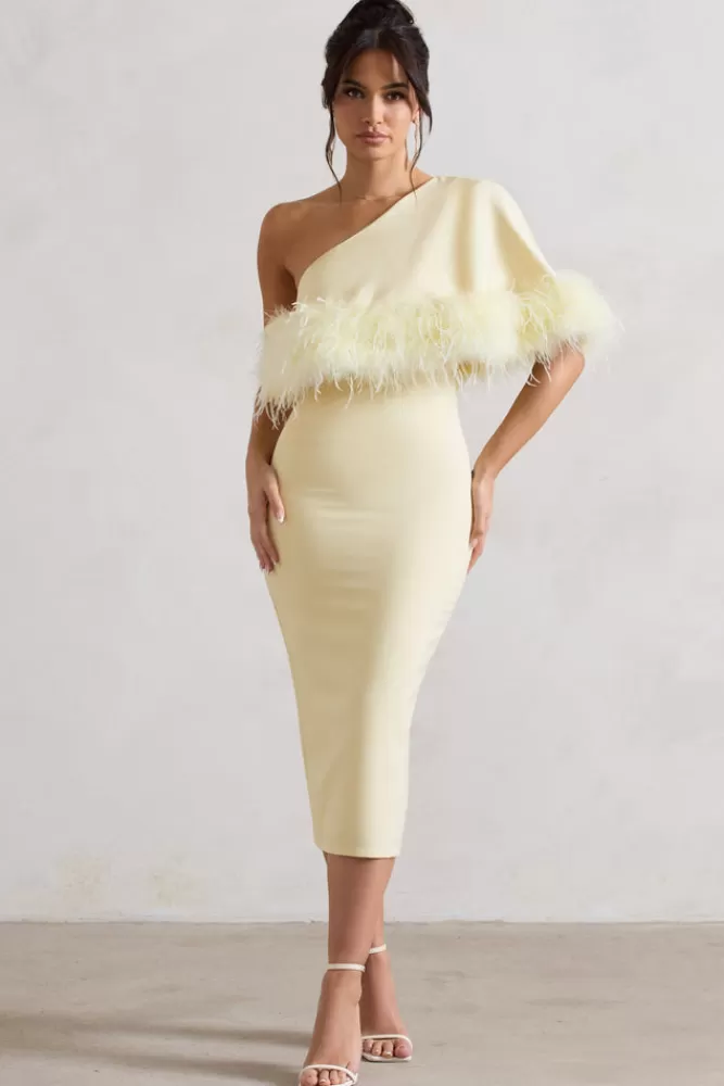 Club L London Victory | Lemon One Shoulder Midi Dress With Feather Trim DUCKLING Outlet