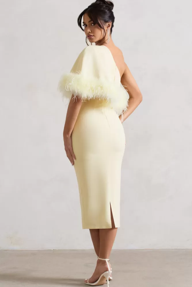 Club L London Victory | Lemon One Shoulder Midi Dress With Feather Trim DUCKLING Outlet