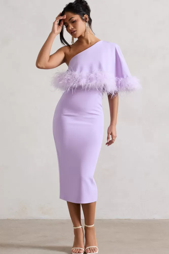 Club L London Victory | Lilac One Shoulder Midi Dress With Feather Trim PASTELLILAC Fashion