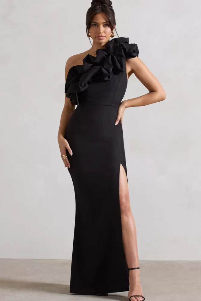 Club L London Vienne | One Shoulder Ruffle Split Maxi Dress BLACK Outlet