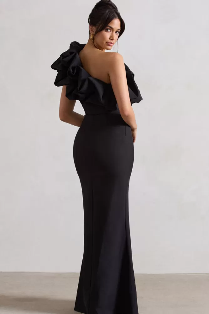 Club L London Vienne | One Shoulder Ruffle Split Maxi Dress BLACK Outlet