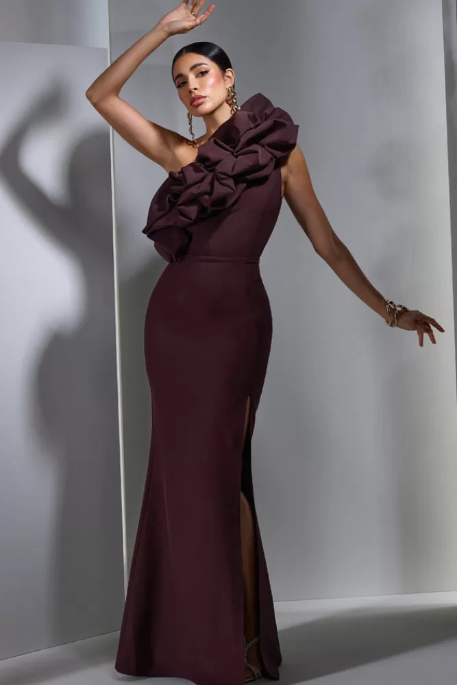 Club L London Vienne | Dark Plum One Shoulder Ruffle Split Maxi Dress DARKPURPLE Outlet