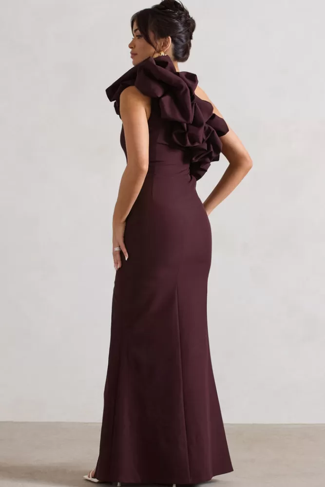 Club L London Vienne | Dark Plum One Shoulder Ruffle Split Maxi Dress DARKPURPLE Outlet