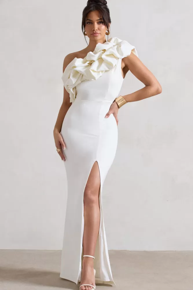 Club L London Vienne | One Shoulder Ruffle Split Maxi Dress WHITE Clearance