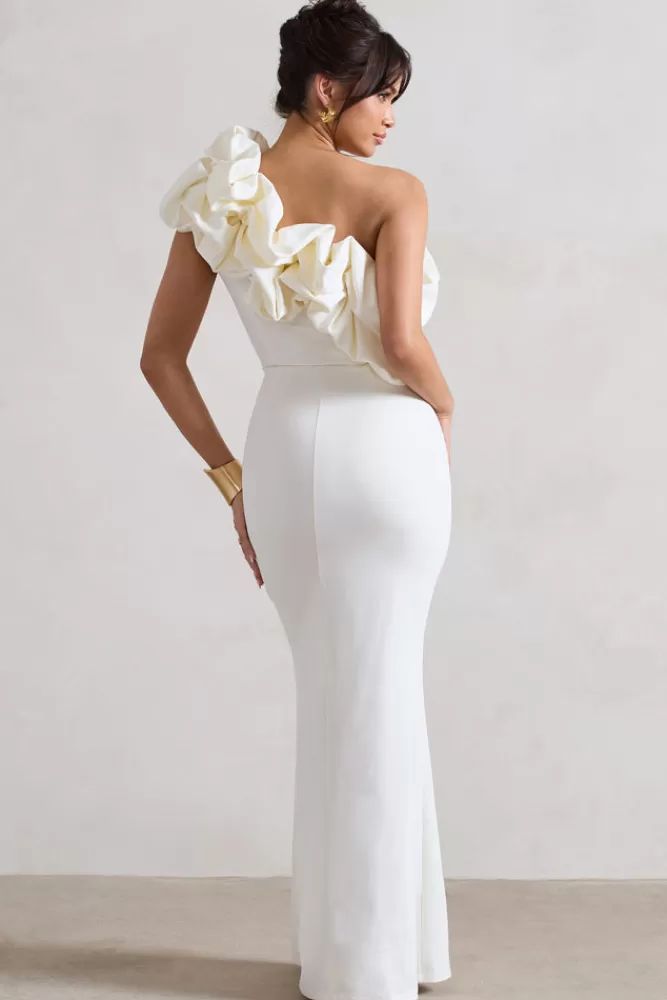 Club L London Vienne | One Shoulder Ruffle Split Maxi Dress WHITE Clearance