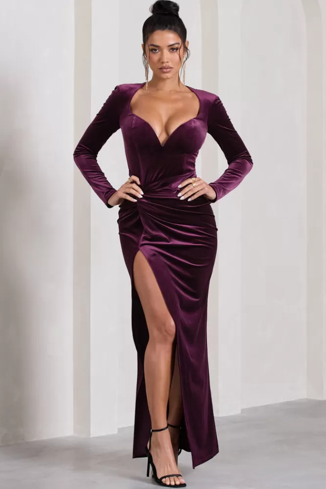 Club L London Vin Chaud | Dark Purple Velvet Long-Sleeved Split Maxi Dress PORT Sale