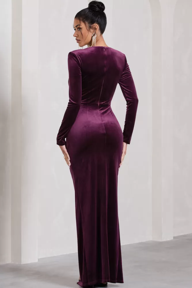 Club L London Vin Chaud | Dark Purple Velvet Long-Sleeved Split Maxi Dress PORT Sale