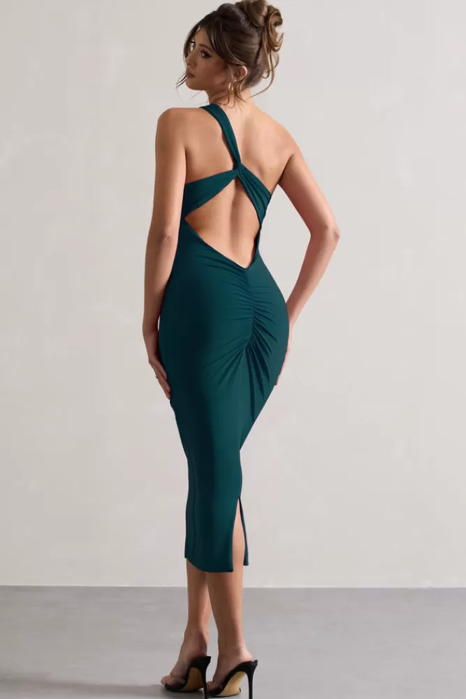 Club L London Vineyard | Green Asymmetric Backless Bodycon Midi Dress BOTTLEGREEN Cheap