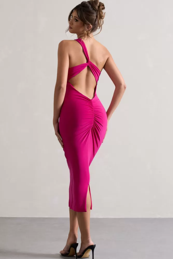 Club L London Vineyard | Hot Pink Asymmetric Backless Bodycon Midi Dress HOTPINK Store