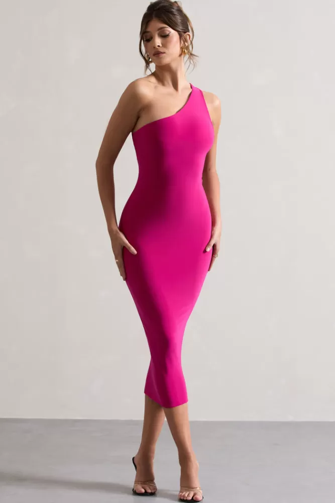 Club L London Vineyard | Hot Pink Asymmetric Backless Bodycon Midi Dress HOTPINK Store