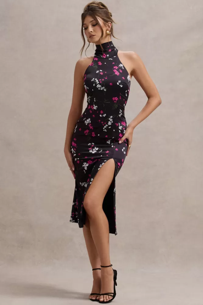 Club L London Violette | Black Ditsy Floral Print Satin High-Neck Split Midi Dress FLORALPRINT Outlet