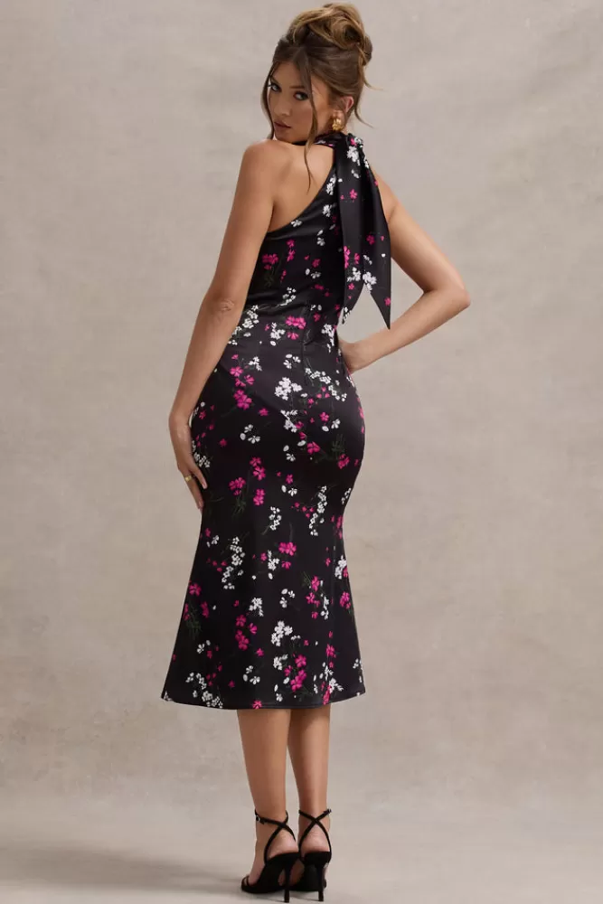 Club L London Violette | Black Ditsy Floral Print Satin High-Neck Split Midi Dress FLORALPRINT Outlet
