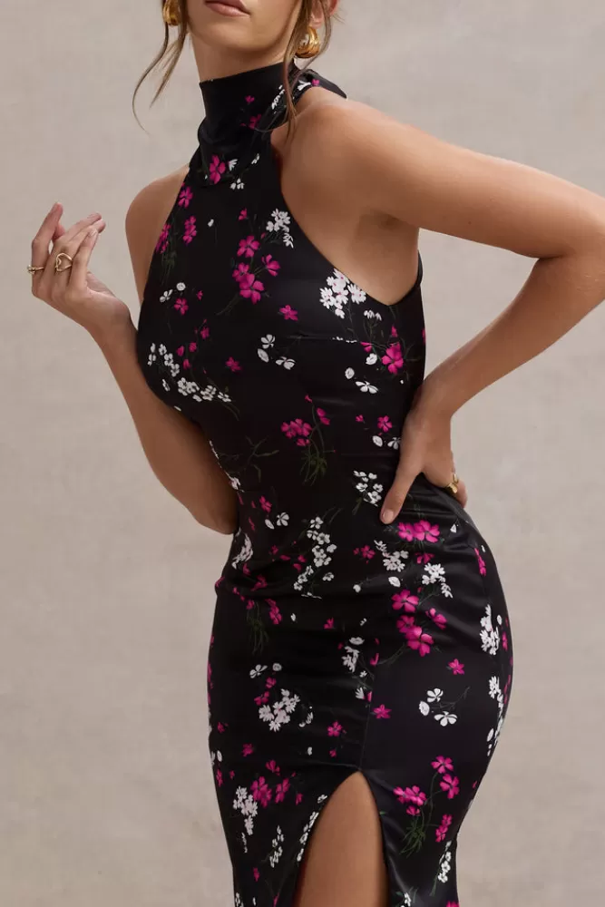 Club L London Violette | Black Ditsy Floral Print Satin High-Neck Split Midi Dress FLORALPRINT Outlet