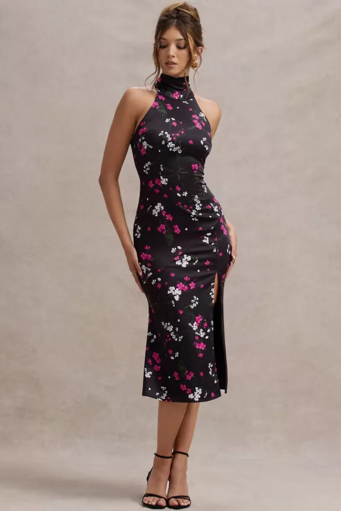 Club L London Violette | Black Ditsy Floral Print Satin High-Neck Split Midi Dress FLORALPRINT Outlet