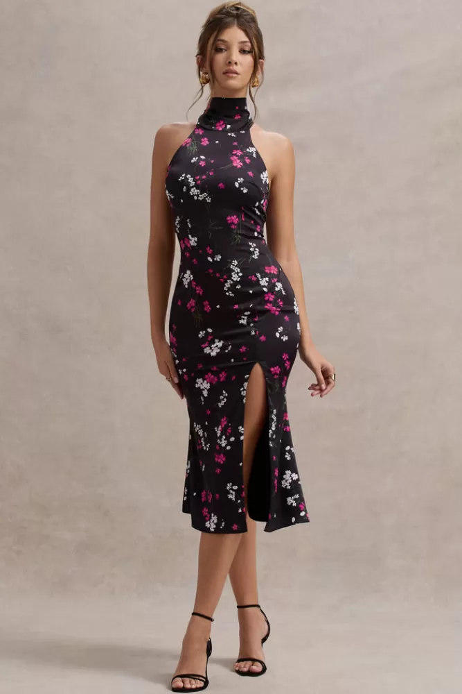 Club L London Violette | Black Ditsy Floral Print Satin High-Neck Split Midi Dress FLORALPRINT Outlet