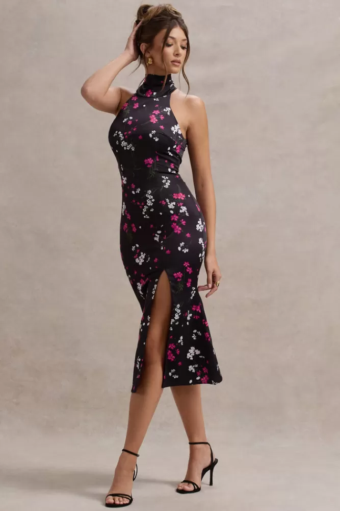 Club L London Violette | Black Ditsy Floral Print Satin High-Neck Split Midi Dress FLORALPRINT Outlet