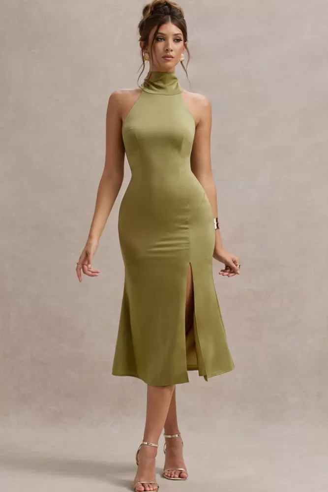 Club L London Violette | Olive Satin High-Neck Split Midi Dress OLIVEGREEN Clearance