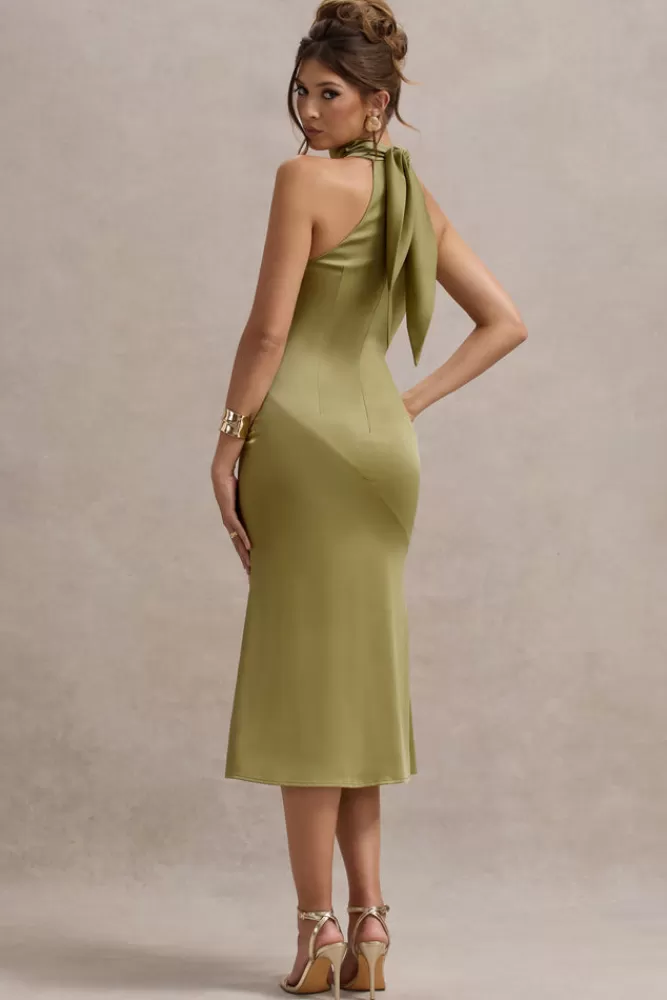 Club L London Violette | Olive Satin High-Neck Split Midi Dress OLIVEGREEN Clearance