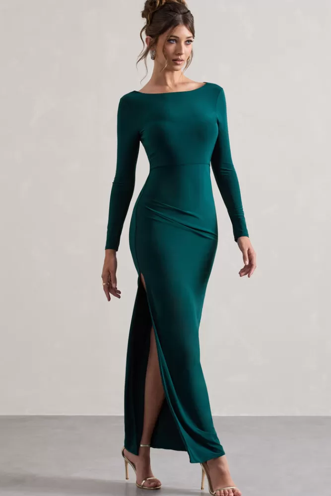 Club L London Virgo | Bottle Green Cowl-Back Long-Sleeve Split Maxi Dress BOTTLEGREEN Store