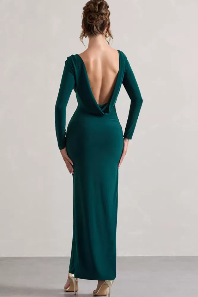 Club L London Virgo | Bottle Green Cowl-Back Long-Sleeve Split Maxi Dress BOTTLEGREEN Store