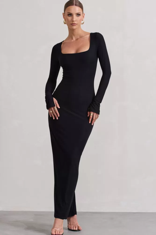 Club L London Viva | Square-Neck Long-Sleeve Maxi Dress BLACK Flash Sale