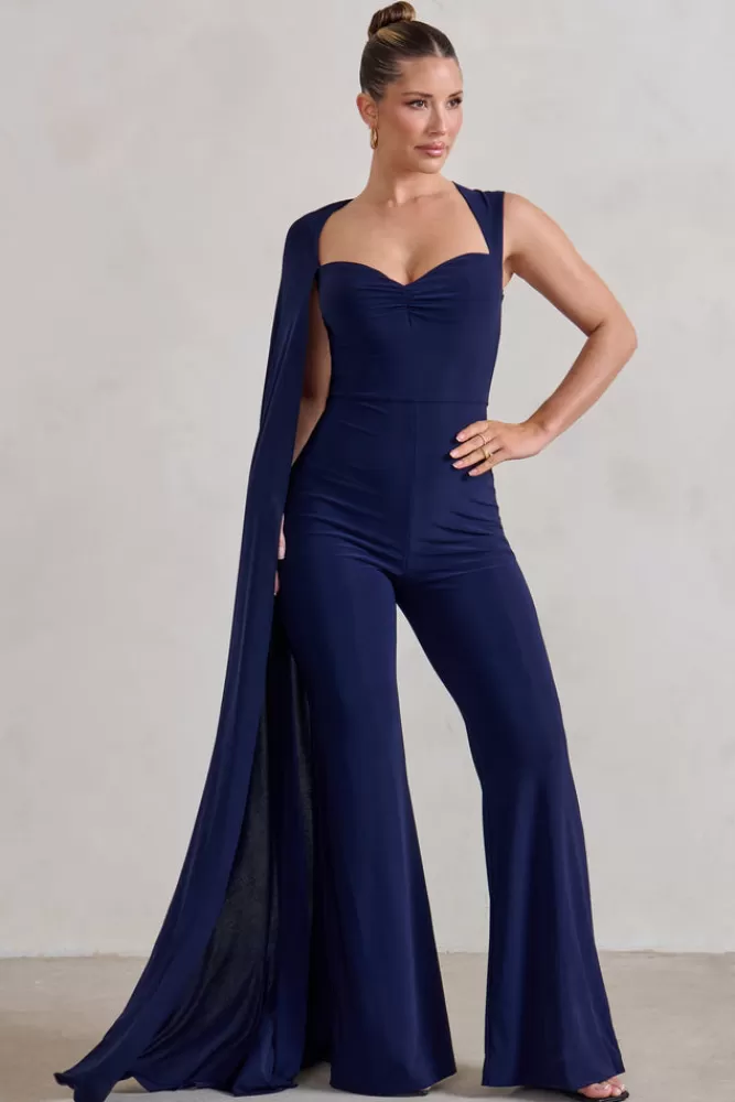 Club L London Vivi | Asymmetric Cape Sleeve Jumpsuit NAVY Best