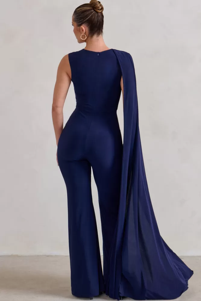 Club L London Vivi | Asymmetric Cape Sleeve Jumpsuit NAVY Best