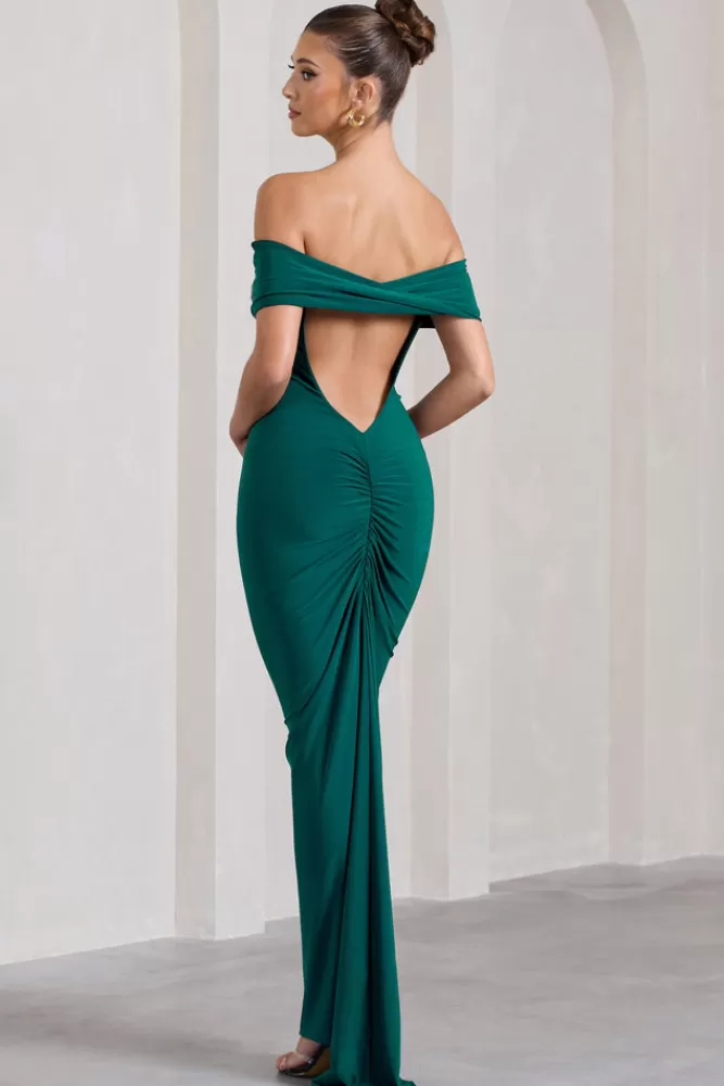 Club L London Vivienne | Bottle Green Bardot Open-Back Maxi Dress BOTTLEGREEN Flash Sale