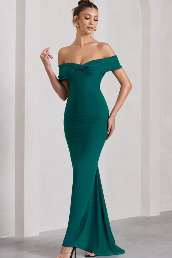 Club L London Vivienne | Bottle Green Bardot Open-Back Maxi Dress BOTTLEGREEN Flash Sale