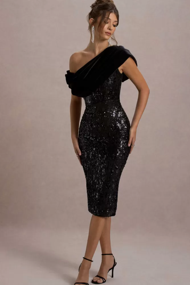 Club L London Volute | Sequin One-Shoulder Draped Midi Dress BLACK Store