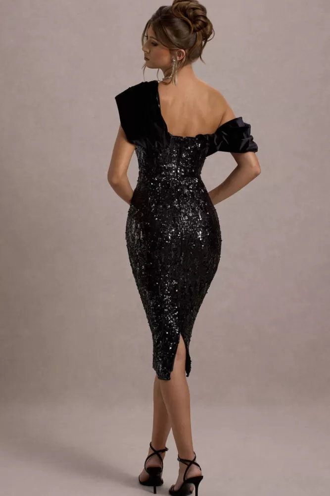 Club L London Volute | Sequin One-Shoulder Draped Midi Dress BLACK Store