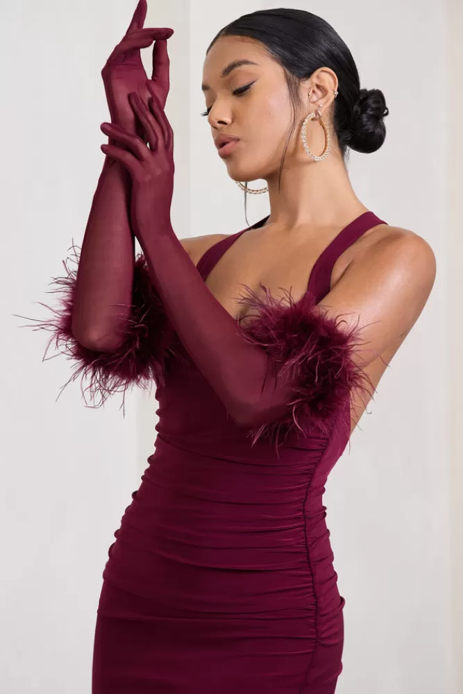 Club L London Watch u0026 Wave | Sheer Long Feather Gloves BURGUNDY Store