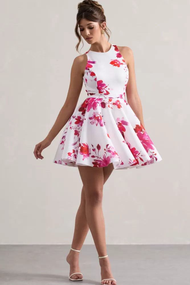 Club L London Waverly | Pink Floral Racer-Neck Sleeveless Skater Mini Dress PINKFLORAL New