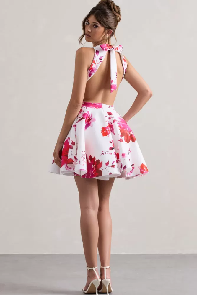 Club L London Waverly | Pink Floral Racer-Neck Sleeveless Skater Mini Dress PINKFLORAL New