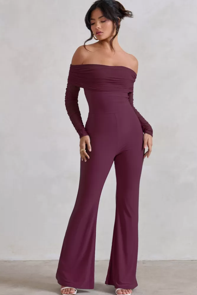 Club L London Whisper | Ruched Mesh Bardot Jumpsuit BURGUNDY Flash Sale