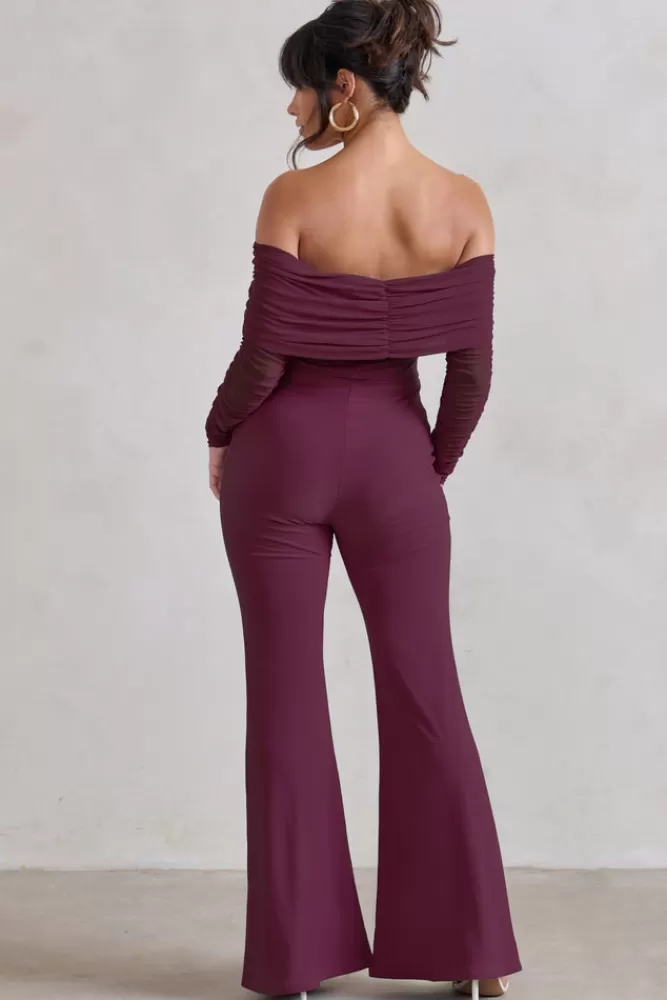 Club L London Whisper | Ruched Mesh Bardot Jumpsuit BURGUNDY Flash Sale