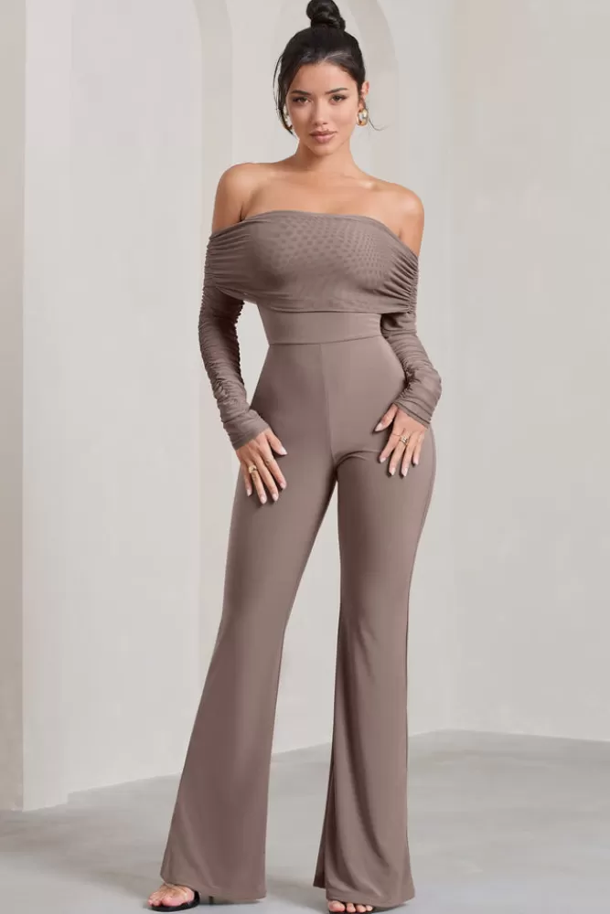 Club L London Whisper | Ruched Mesh Bardot Jumpsuit MOCHA Fashion