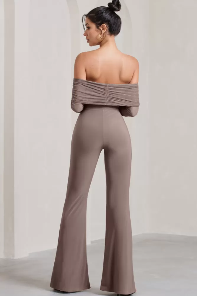 Club L London Whisper | Ruched Mesh Bardot Jumpsuit MOCHA Fashion