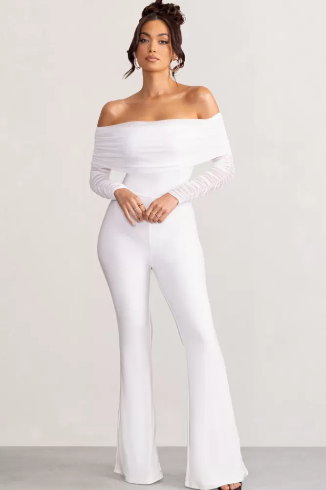 Club L London Whisper | Ruched Mesh Bardot Jumpsuit White Hot