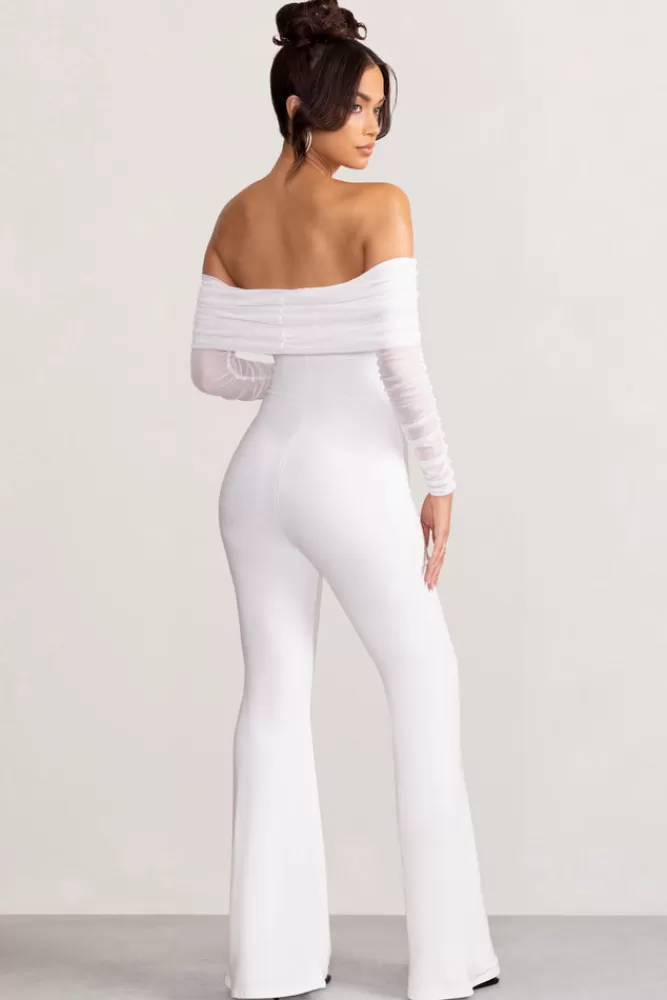 Club L London Whisper | Ruched Mesh Bardot Jumpsuit White Hot