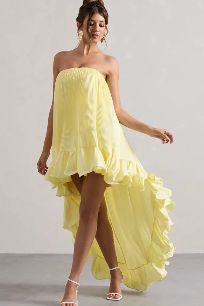 Club L London Whistler | Chiffon Bandeau High-Low Ruffled Maxi Dress LEMON Discount