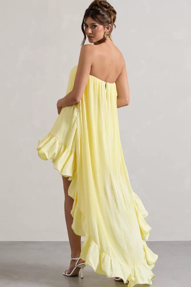 Club L London Whistler | Chiffon Bandeau High-Low Ruffled Maxi Dress LEMON Discount