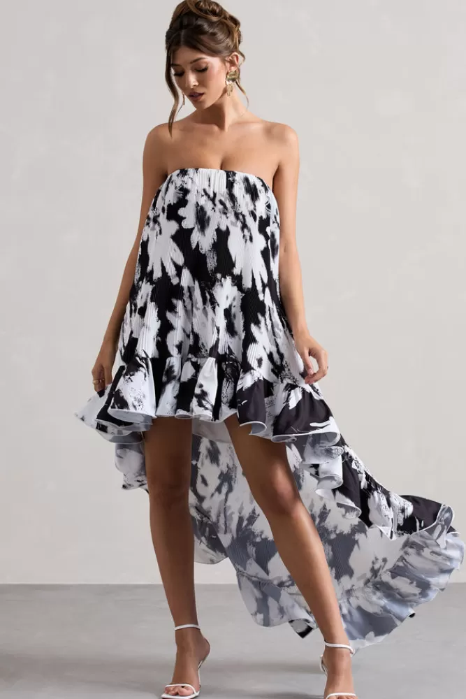 Club L London Whistler | Monochrome Floral Chiffon Bandeau High-Low Ruffled Maxi Dress MONOFLORAL Discount