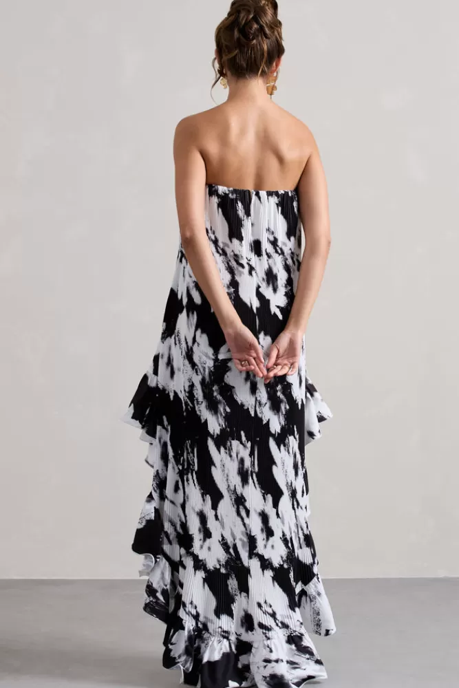 Club L London Whistler | Monochrome Floral Chiffon Bandeau High-Low Ruffled Maxi Dress MONOFLORAL Discount