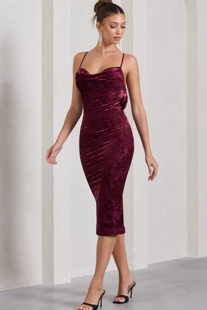 Club L London Whitney | Velvet Floral Strappy Sweetheart Midi Dress BERRY Best Sale