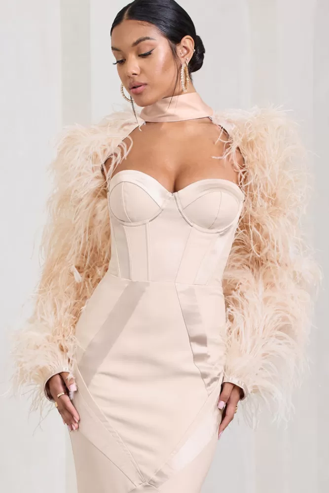 Club L London Wild | Satin Jacket With Long Feather Sleeves CHAMPAGNE Best Sale