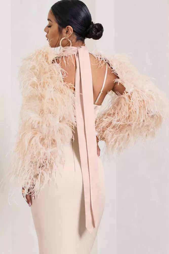 Club L London Wild | Satin Jacket With Long Feather Sleeves CHAMPAGNE Best Sale