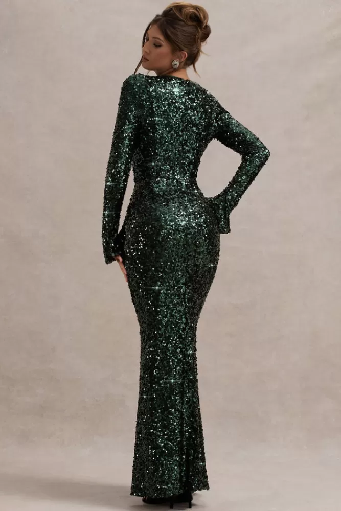 Club L London Wild Dream | Green Sequin Plunge-Neck Ruffle Split Maxi Dress BOTTLEGREEN Flash Sale